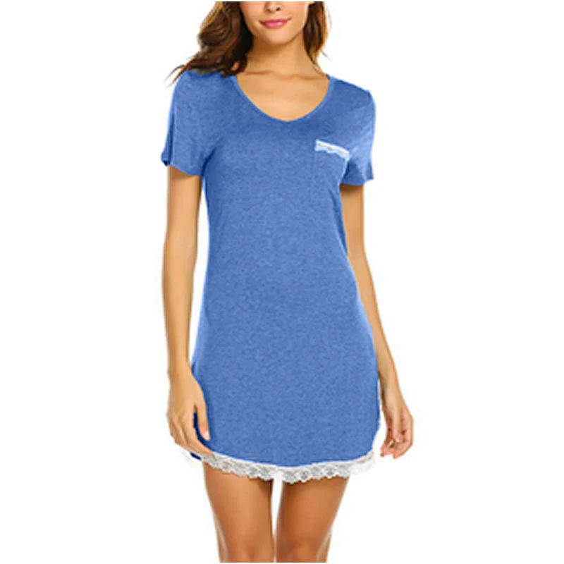 2021Amazon AliExpress Women's Pyjamas New Pocket Lace Cotton Skin-friendly Home Dress Middle Skirt