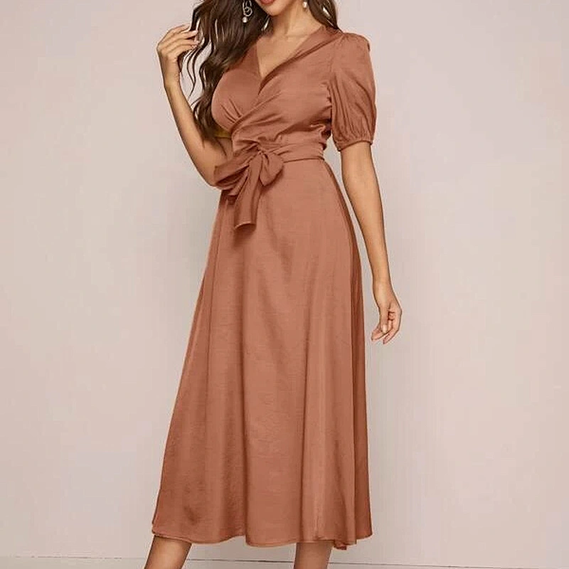 2021 New Arrival Twist Front Puff Sleeve Self Tie Dress Sexy Cusual Lady Dress