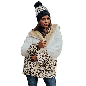 Womens Leopard Print Faux Fur Jacket Lapel Collar Sherpa Fleece Pullover with Pockets