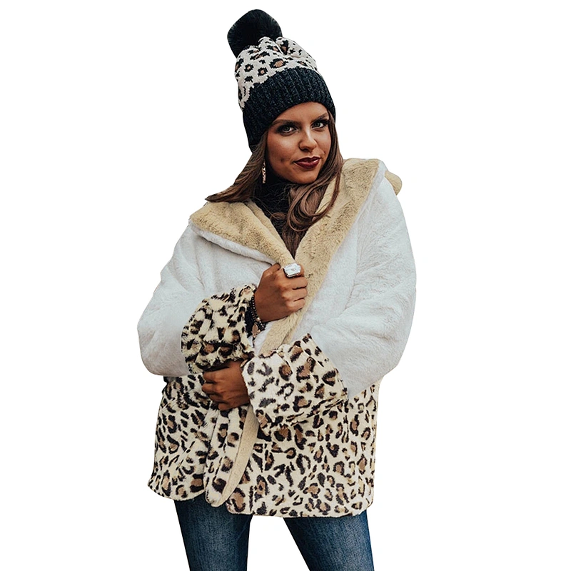 Womens Leopard Print Faux Fur Jacket Lapel Collar Sherpa Fleece Pullover with Pockets