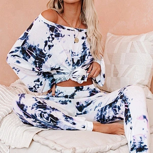 2021Amazon autumn winter cross-border  casual tie-dye pajamas set with round collar and long sleeves
