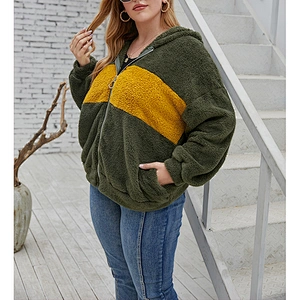 Amazon Hot Womens Oversized Sweatshirt Wool Lamb Plus Size Patchwork Full zipper Sherpa Fleece hoodies