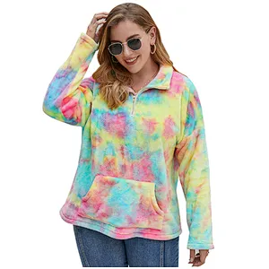 Womens Fuzzy Plus Size Full Zipper Tie Dye Sherpa Polar Fleece Pullover (L-4XL)