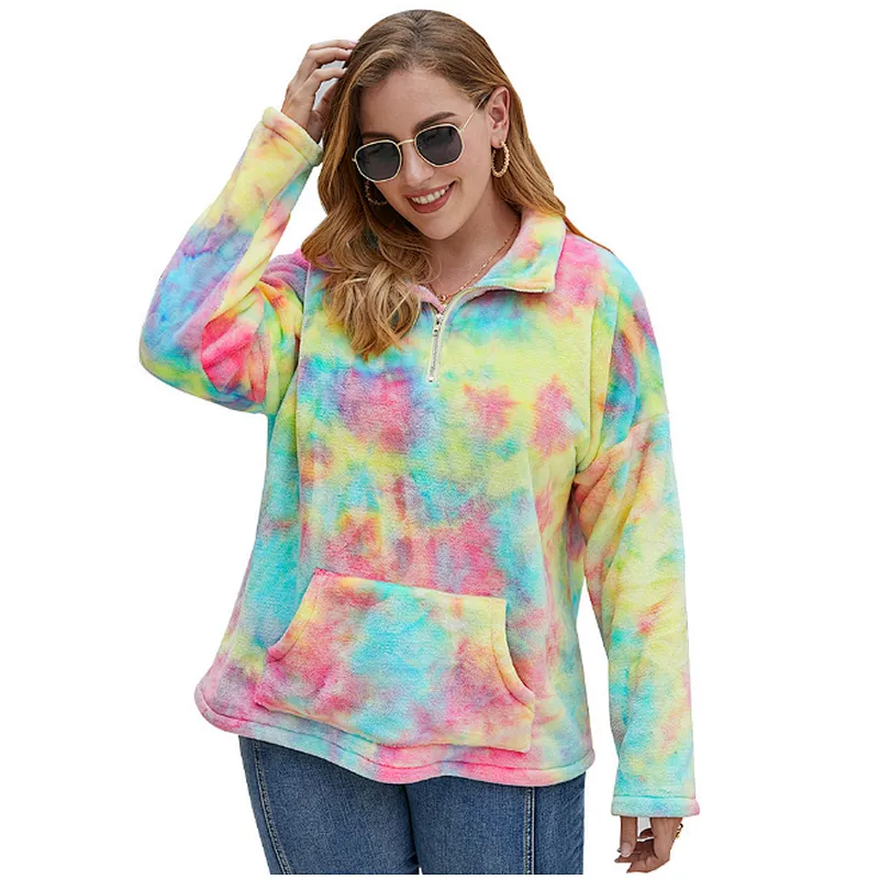 Womens Fuzzy Plus Size Full Zipper Tie Dye Sherpa Polar Fleece Pullover (L-4XL)
