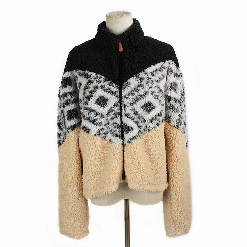 Fuzzy Geometric Pattern Teddy Coat Color Block Full Zip Sherpa Fleece Jacket Pullover
