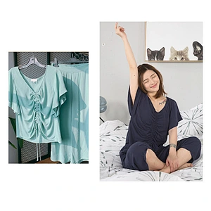 Customized INS style spring summer women drawstring Tops wide leg pants home clothing cotton pajamas set