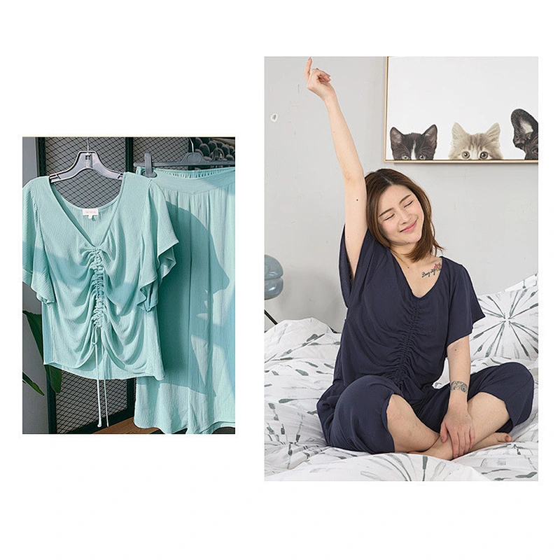 Customized INS style spring summer women drawstring Tops wide leg pants home clothing cotton pajamas set