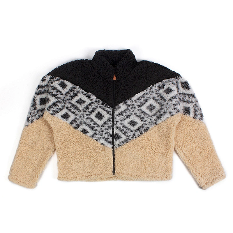 Fuzzy Geometric Pattern Teddy Coat Color Block Full Zip Sherpa Fleece Jacket Pullover