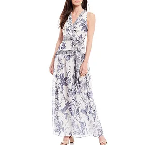 Summer Elegant Bodycon Lady Dress V neckline Sleeveless Back Zipper Closure Polyester Printed Dress