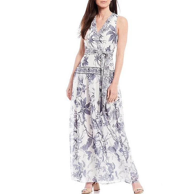 Summer Elegant Bodycon Lady Dress V neckline Sleeveless Back Zipper Closure Polyester Printed Dress
