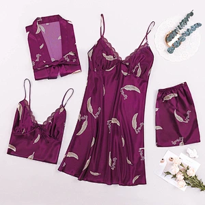 2021 New Arrivel  Satin Slik Pajamas Dress 4 piece Plus Size Vest Short Pants Casual Robe