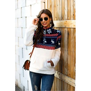 2021 Christmas Womens Patchwork Sweatshirt Turtleneck Quarter Zip Sherpa Fleece Outwear Pullover