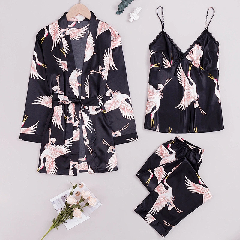 New Arrivel Spring And Summer Ice Silk Plus Size 3Piece Satin Silk Robe