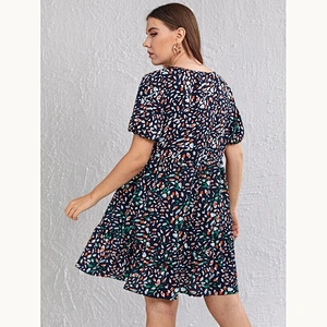 2021 New Plus Allover Print Button Front Puff Sleeve Dress Printed Dress O Neck