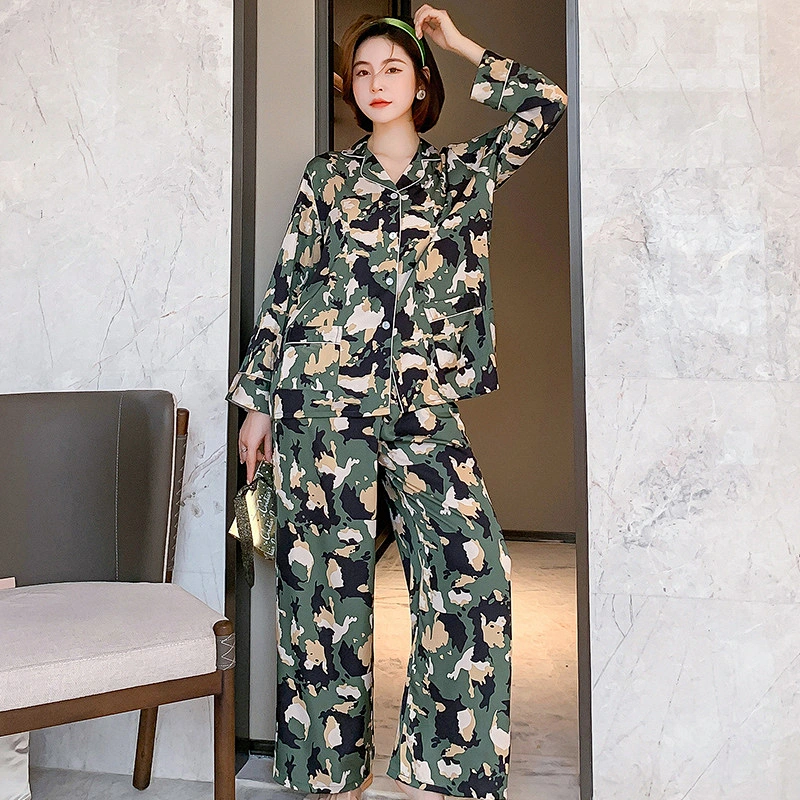 2021 Amazon Winter Pajamas Set comfortable show thin wide leg pants individual graffiti print ice silk pajamas