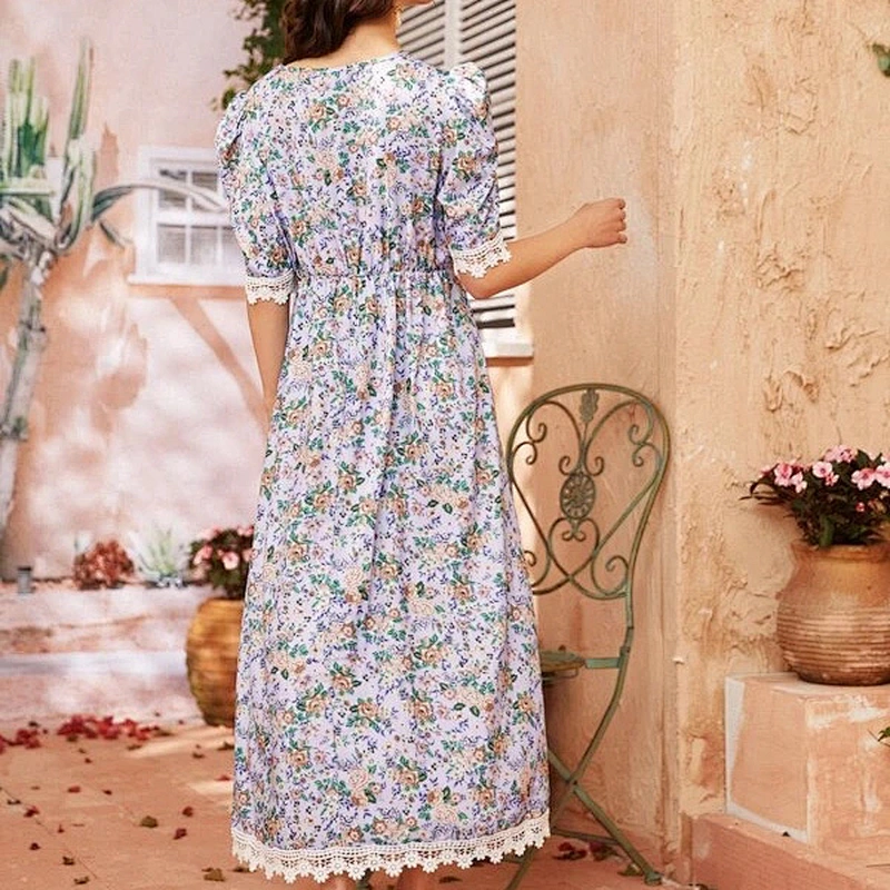 2021 New Arrival Lace Panel Puff Sleeve Floral A-line Dress Casual Dress  Street Style Lady Dress