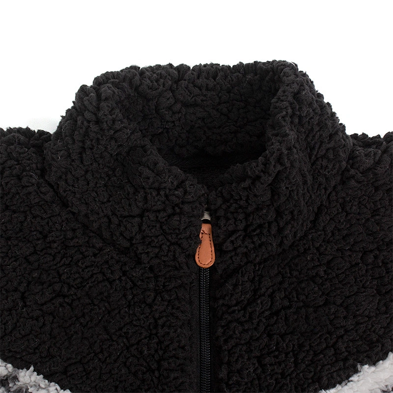 Fuzzy Geometric Pattern Teddy Coat Color Block Full Zip Sherpa Fleece Jacket Pullover