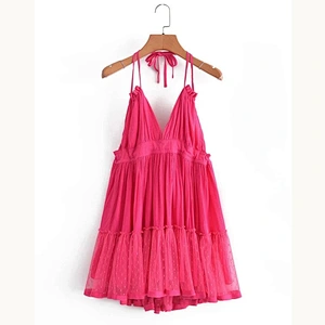 2021 New Arrival Dobby Mesh Self-Tie Ruffled Halter Dress  Scandi Boho Style