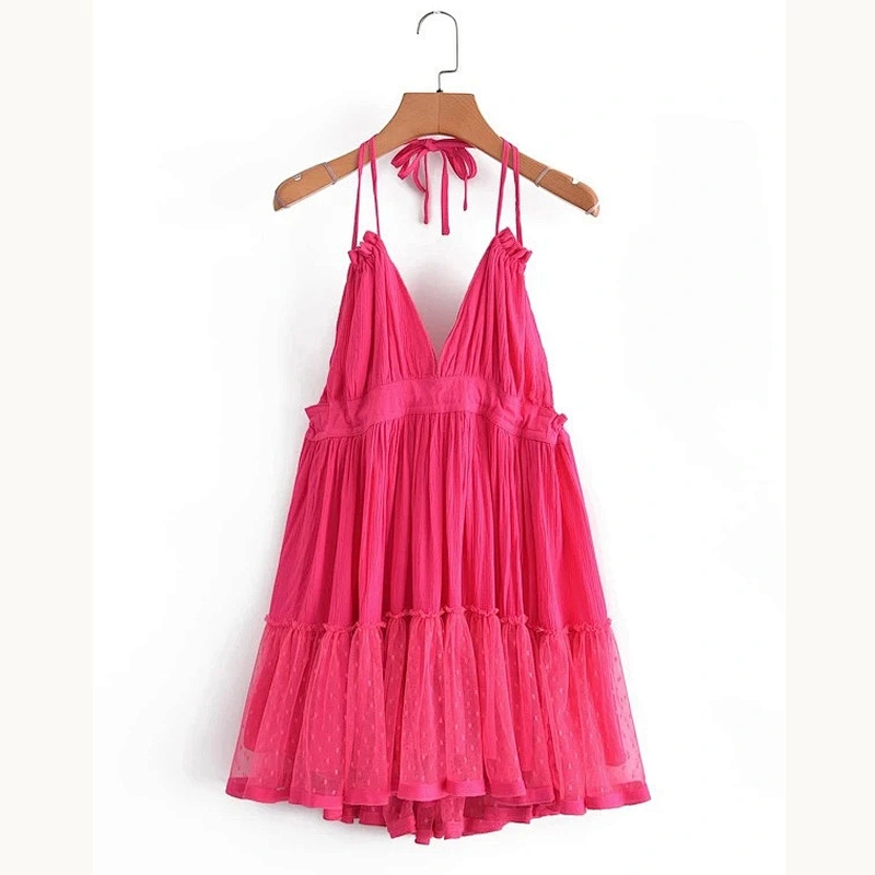 2021 New Arrival Dobby Mesh Self-Tie Ruffled Halter Dress  Scandi Boho Style