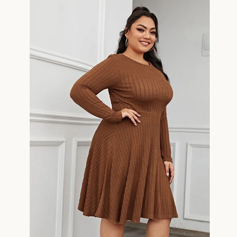 2021 New Plus Ribbed Long Sleeve Fit & Flare Dress O Neck