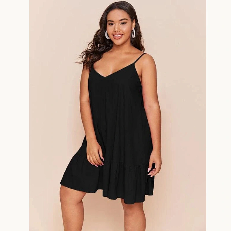2021 New Plus Double V-Neck Ruffle Hem Slip Dress