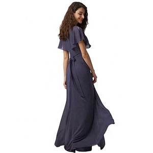 OEM Manufactory Customized  A Line V Neck Floor Length Bridesmaid Dress   Back Bow Tie Chiffon Evening Dress