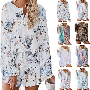 2021Amazon hot style women pajamas tie-dyed print casual long-sleeved shorts suit for home wear