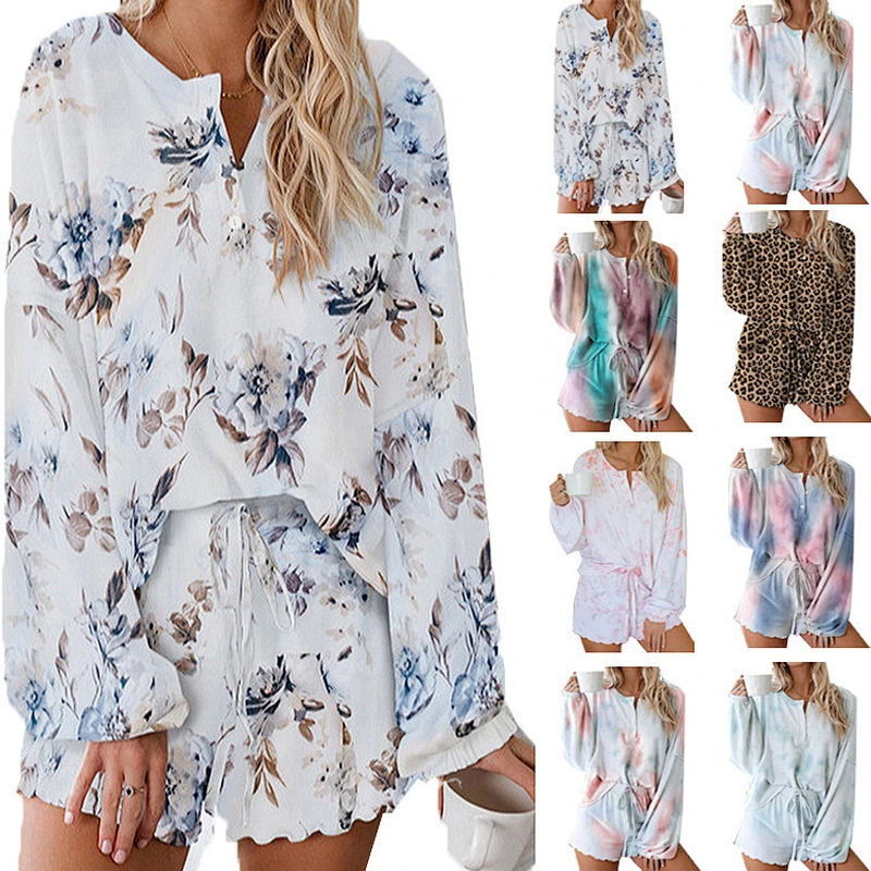 2021Amazon hot style women pajamas tie-dyed print casual long-sleeved shorts suit for home wear