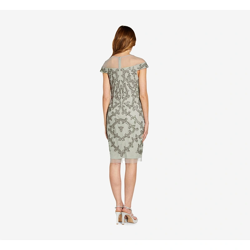 2021 New Arrival HAND-BEADED COCKTAIL DRESS WITH ILLUSION NECKLINE IN FROSTED SAGE EVENING DRESS
