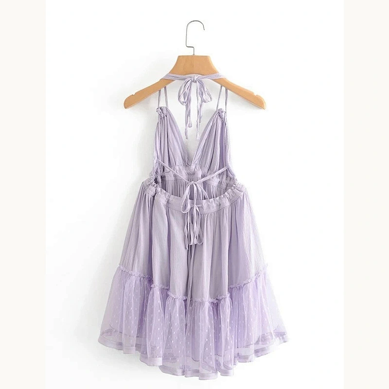 2021 New Arrival Dobby Mesh Self-Tie Ruffled Halter Dress  Scandi Boho Style