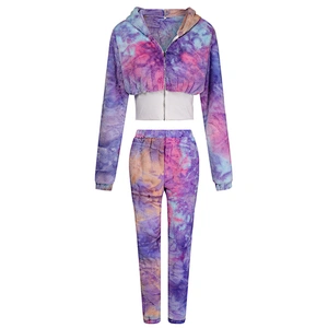 YIWU Factory Wholesale Womens Tie Dye Zip-up Sherpa Cropped Hoodies Jacket Pant Set