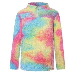2020 Women's Tie Dye Zipper Sweatshirt Fluffy  Fleece Sherpa pullover Tops Outwear