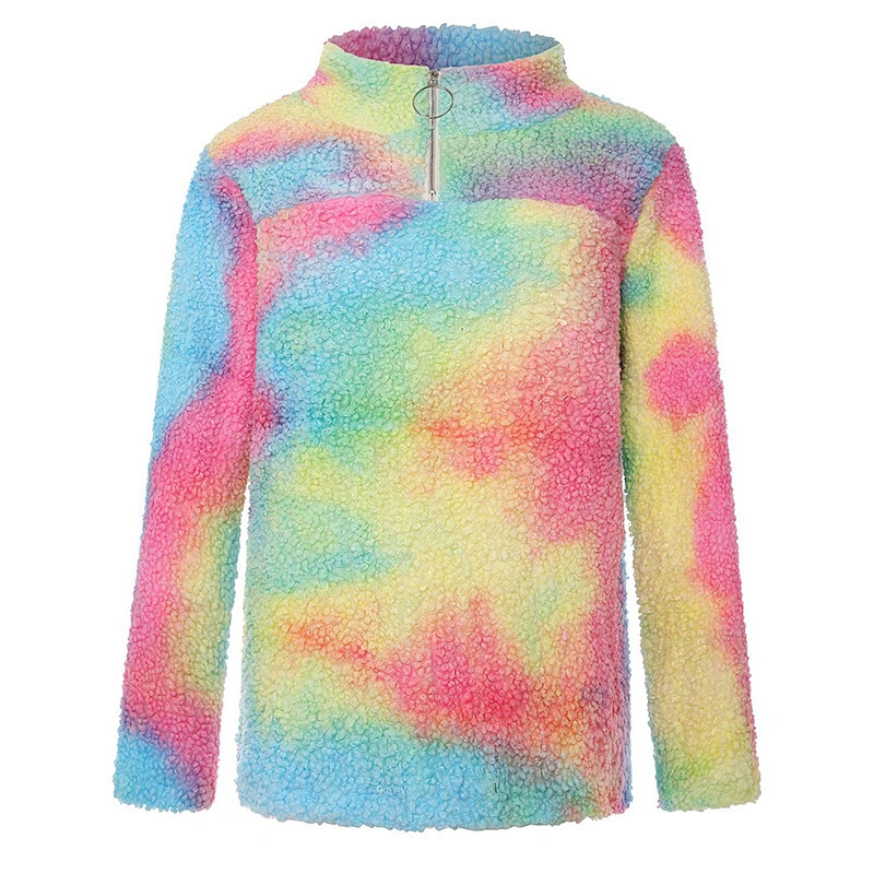 2020 Women's Tie Dye Zipper Sweatshirt Fluffy  Fleece Sherpa pullover Tops Outwear