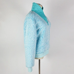 Women's Fuzzy Long Sleeve Sky Blue Color Sweatshirt Button Stand Collar Sherpa Fleece Pullover