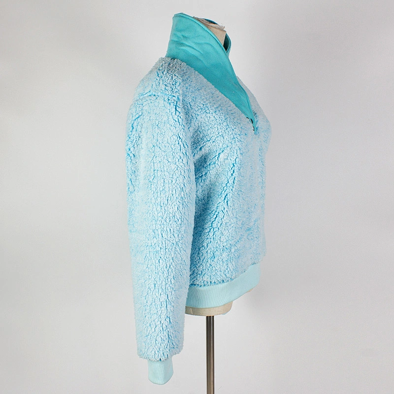 Women's Fuzzy Long Sleeve Sky Blue Color Sweatshirt Button Stand Collar Sherpa Fleece Pullover