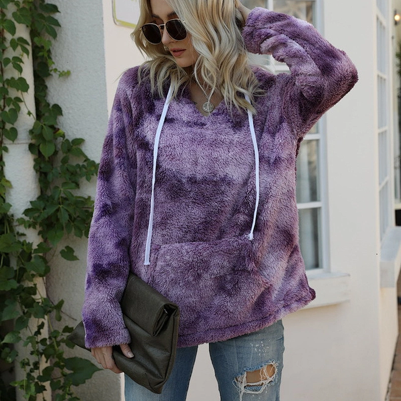 YIWU Factory Lambs Wool V Neck Sweatshirts Hoodies Tie Dye Sherpa Fleece Hoodie Pullover with Pocket