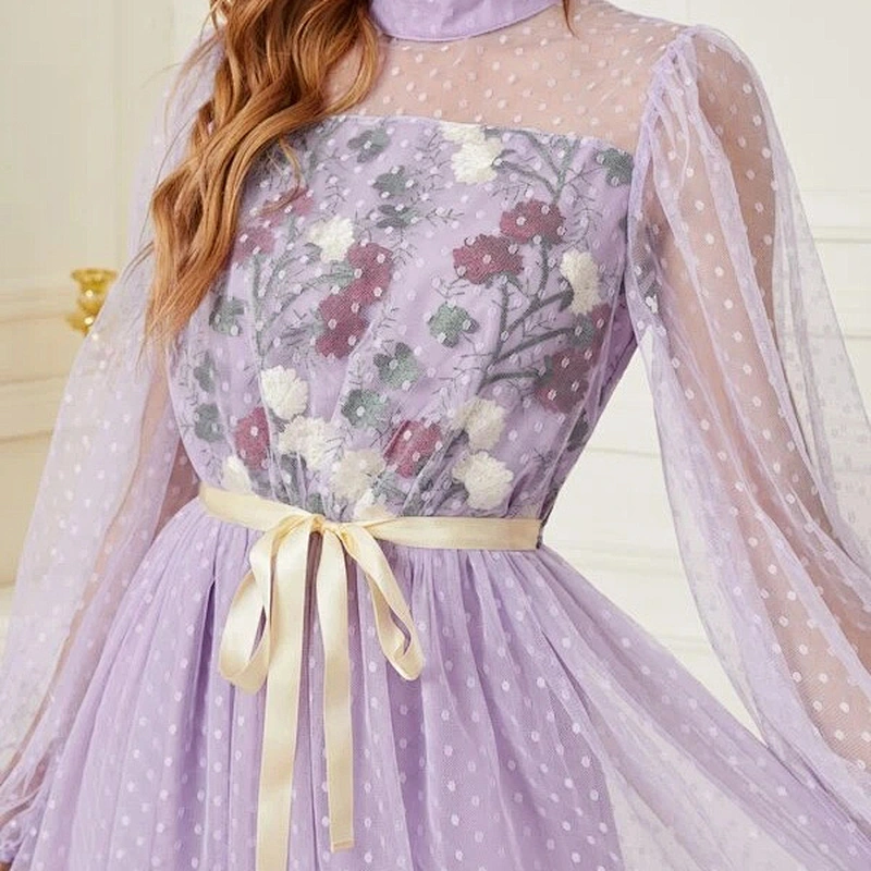 2021 New Arrival Polka Dot Mock Neck Belted Mesh Overlay Dress Romantic Lexy Lady Dress