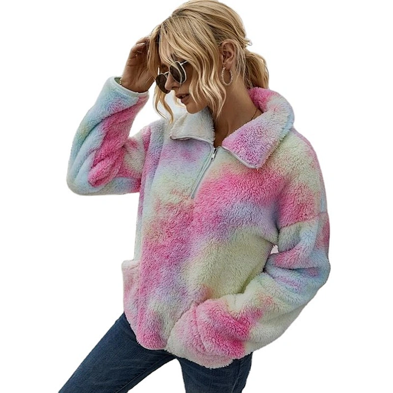 Womens Lambs Wool Front Pocket Teddy Sweatshirt Half Zip Tie Dye Sherpa Fleece Jacket Pullover