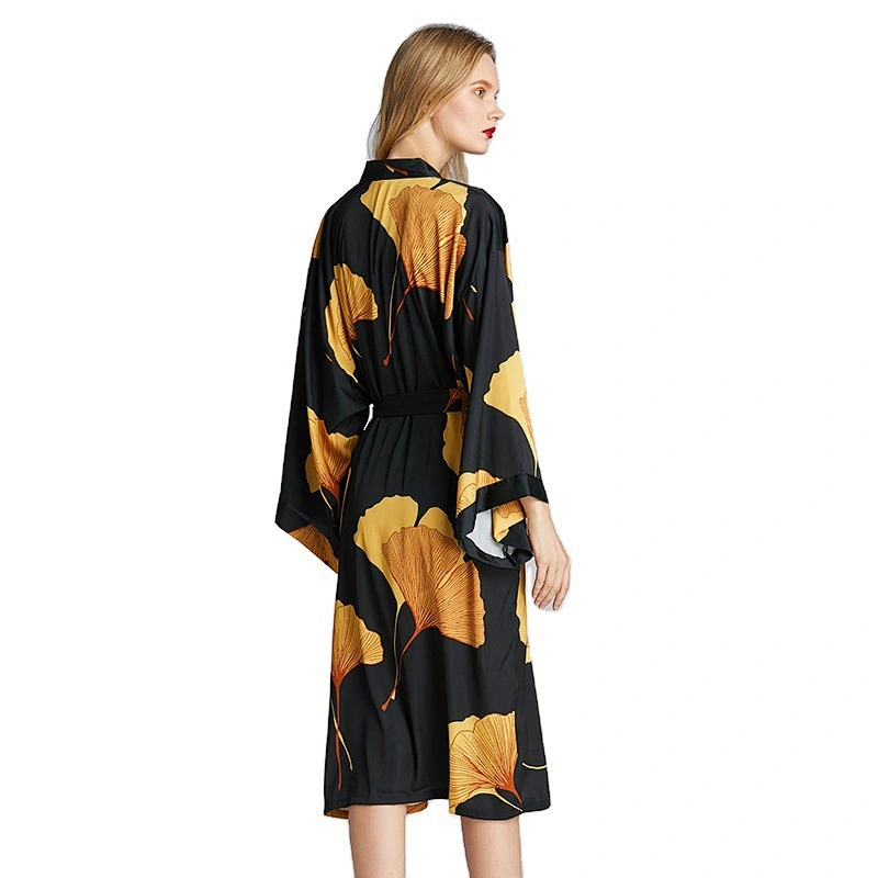 2021 New Arrivel Spring Summer Satin Silk Long Robe Plus Size Robe The Maple Leaves Pajamas