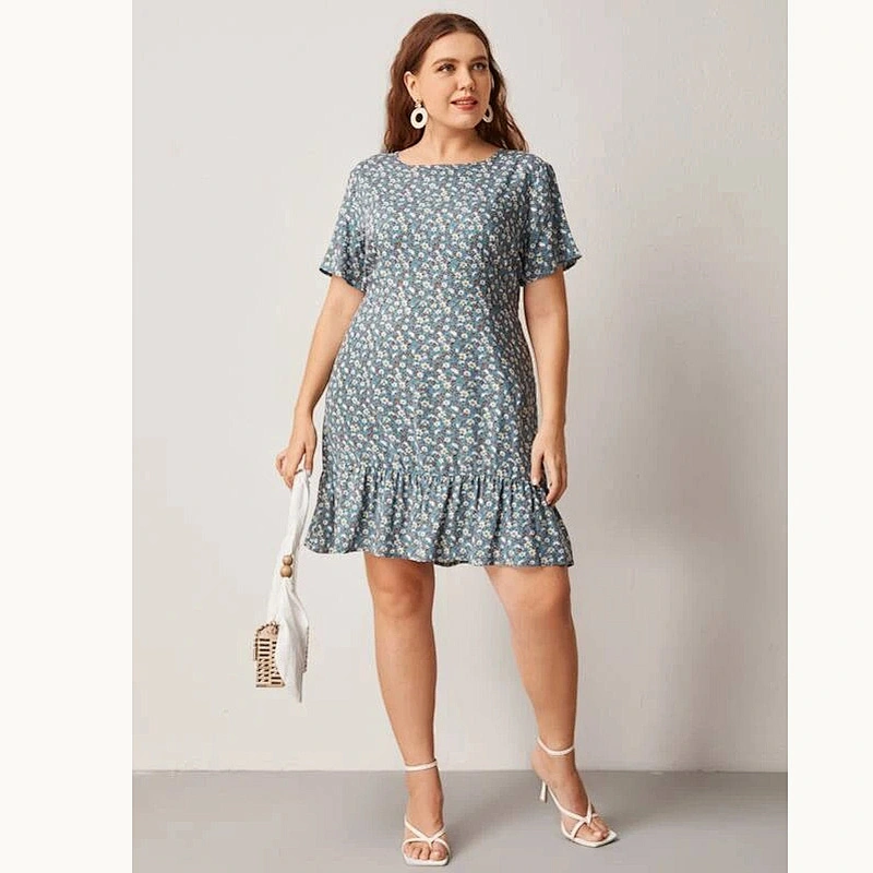 2021 New Plus All Over Print Flounce Short Sleeve Dress Printed dress O Neck