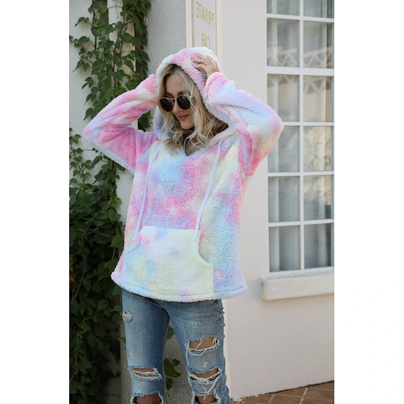 YIWU Factory Lambs Wool V Neck Sweatshirts Hoodies Tie Dye Sherpa Fleece Hoodie Pullover with Pocket