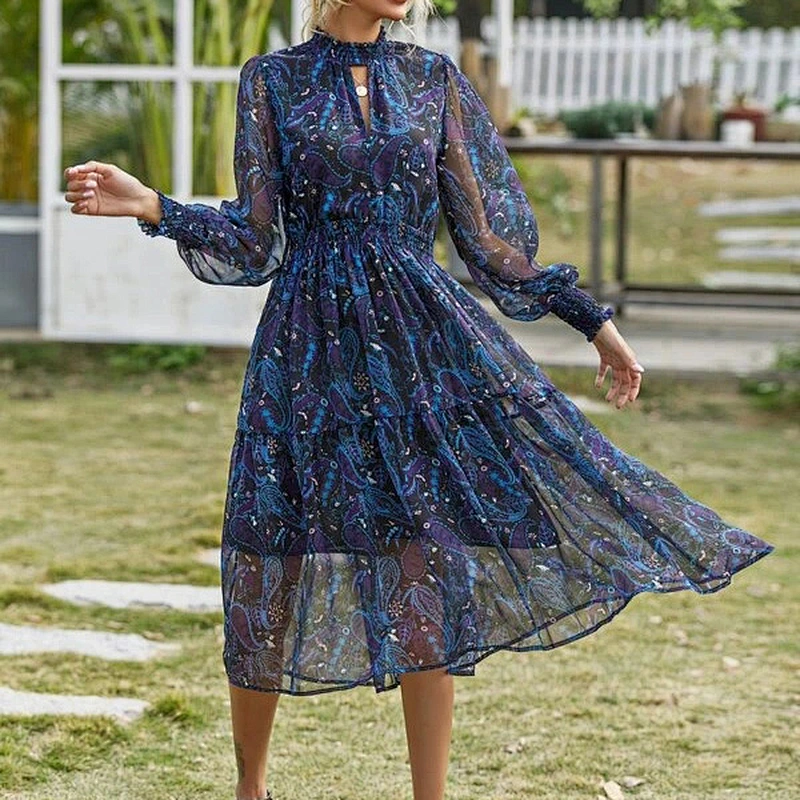 2021 New Arrival Paisley Peekaboo Chiffon A-line Dress Casual Dress