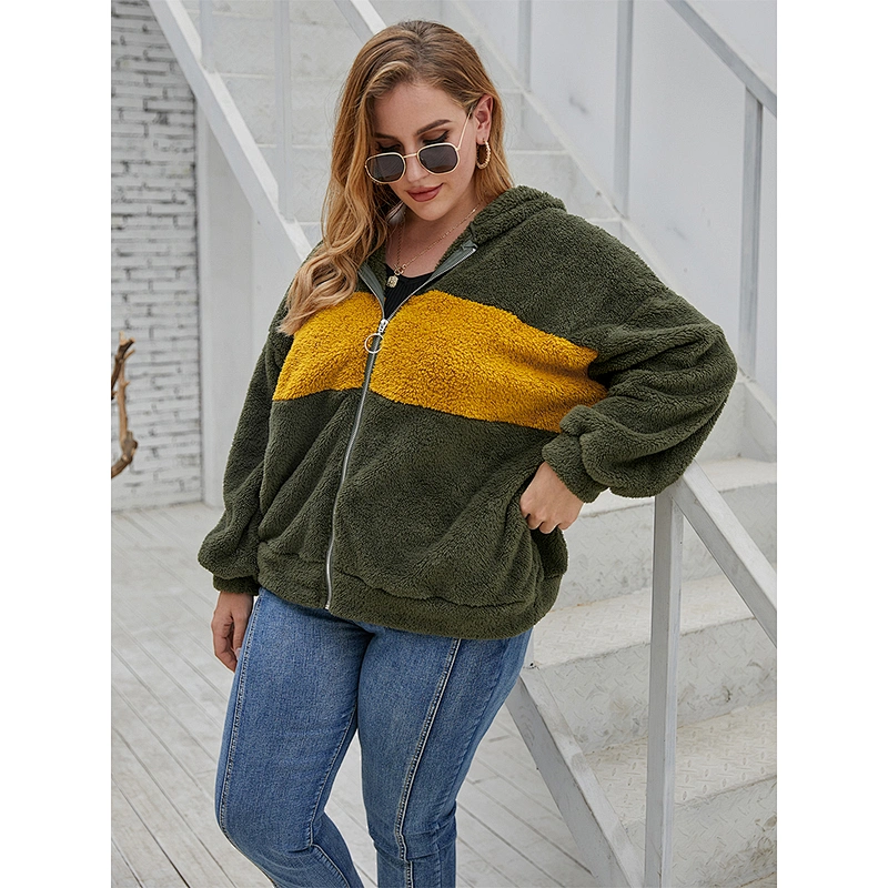 Amazon Hot Womens Oversized Sweatshirt Wool Lamb Plus Size Patchwork Full zipper Sherpa Fleece hoodies