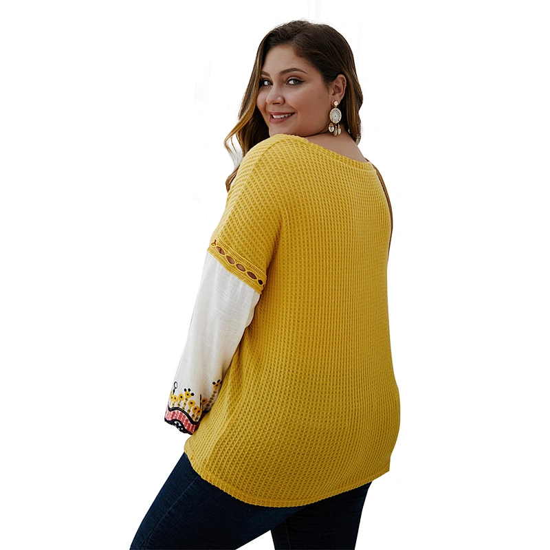 Amazon Top Women Plus Size Patchwork Embroidered Sweater Tops Long Sleeve Pullover Blouse