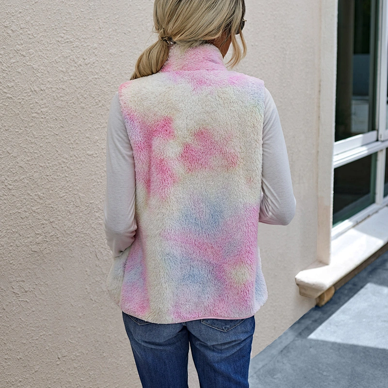 2021 Winter Warm Tie Dye Sherpa Fleece full zipper Vest Fleece Waistcoat for Women