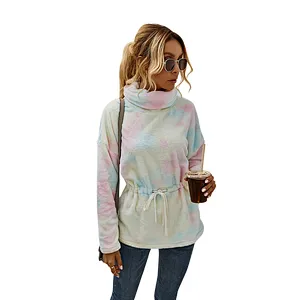 Direct Factory Womens Lambs Wool  Front Belt Teddy Coat High Stand Collar Tie Dye Sherpa Fleece Pullover