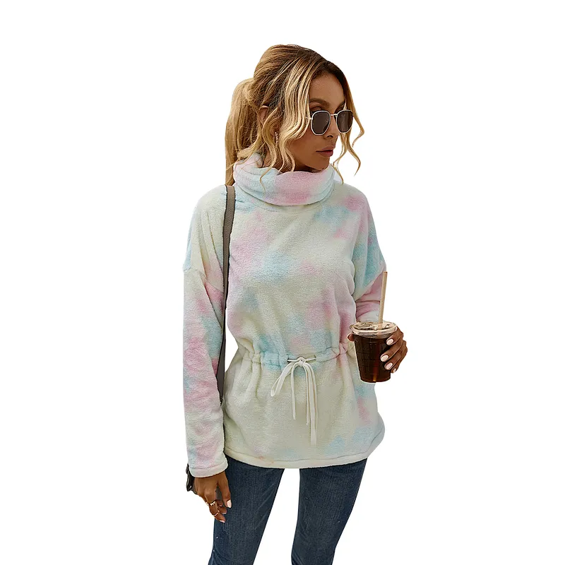 Direct Factory Womens Lambs Wool  Front Belt Teddy Coat High Stand Collar Tie Dye Sherpa Fleece Pullover