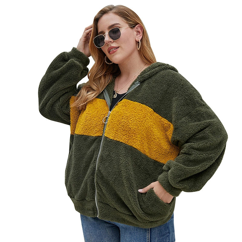 Amazon Hot Womens Oversized Sweatshirt Wool Lamb Plus Size Patchwork Full zipper Sherpa Fleece hoodies