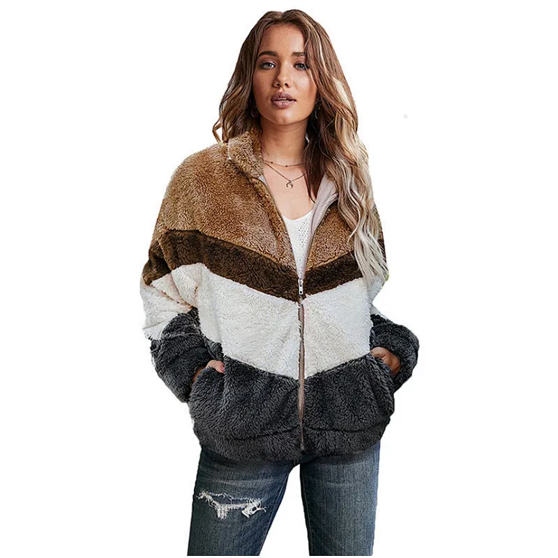 Women's Zip up Polar Sweatershirt Patchwork Sherpa Bomber Fleece Jacket pullover