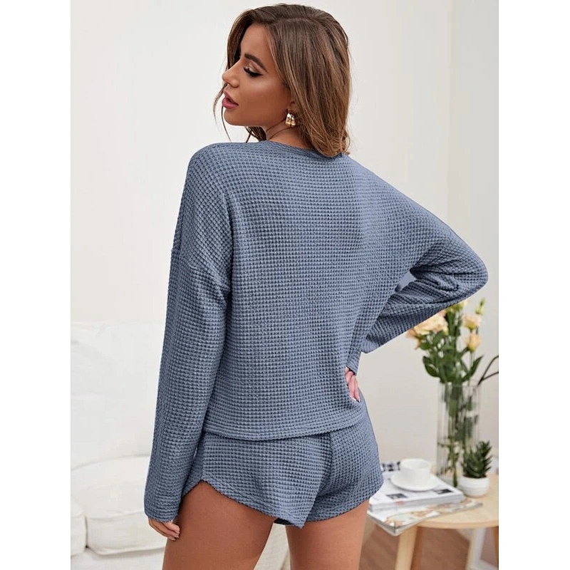 2021new casual wear Solid Waffle Lounge Top and short